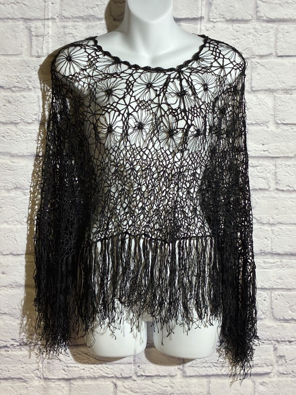 Black Crochet Fringe Shawl Poncho Boho Festival Beach Cover Up One Size